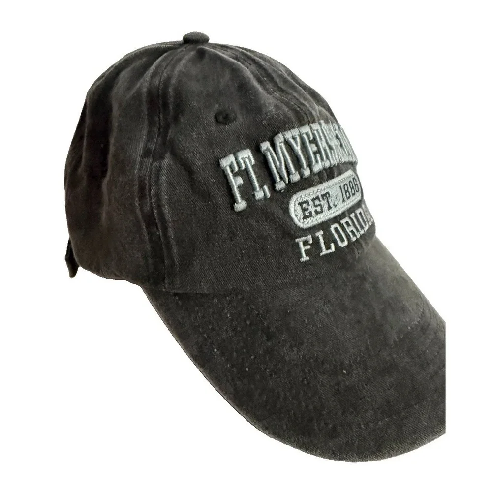 Ft. Myers Beach Florida Baseball Cap Distressed Gray With Lt Blue Embroidery